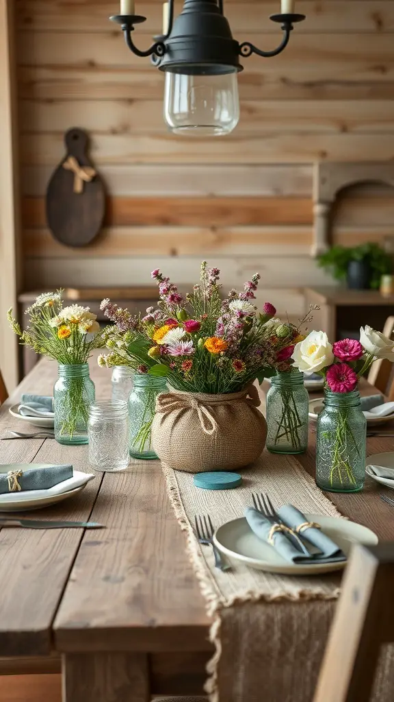 29+ Stunning Dining Room Table Decor Ideas 4 A rustic dining table set with mason jars of flowers, gray napkins, and a burlap runner.