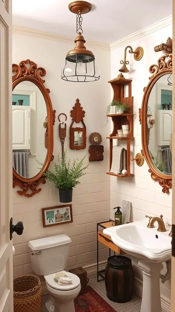 A cozy vintage bathroom with ornate mirrors, wooden shelves, and a rustic light fixture.