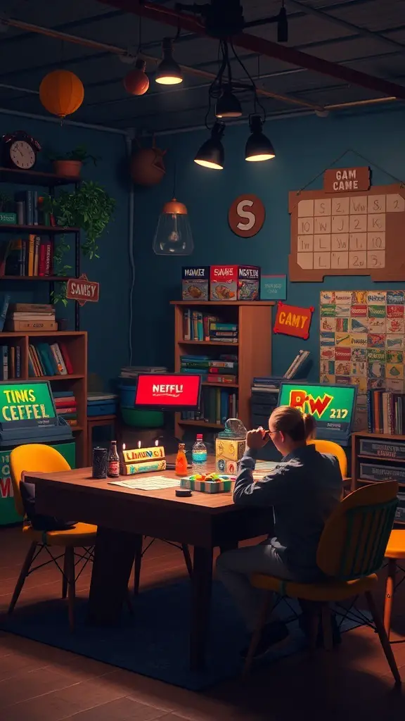 A cozy game room with a table set for board games, colorful shelves, and a warm atmosphere.