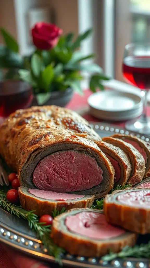 A beautifully presented Beef Wellington with slices revealing tender beef, garnished with herbs and cherry tomatoes.