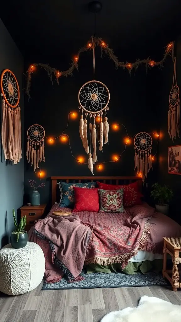 31+ Dark Boho Bedroom Ideas 12 A dark boho bedroom featuring dreamcatchers, string lights, and cozy textiles.