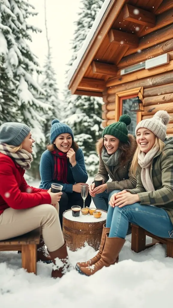 Group of friends enjoying drinks outside a winter cabin in the snow
