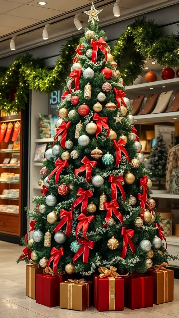 25+ Festive Christmas Store Displays to Inspire Your Retail Space 12 A beautifully decorated Christmas tree with red ribbons and colorful ornaments, surrounded by wrapped gifts.
