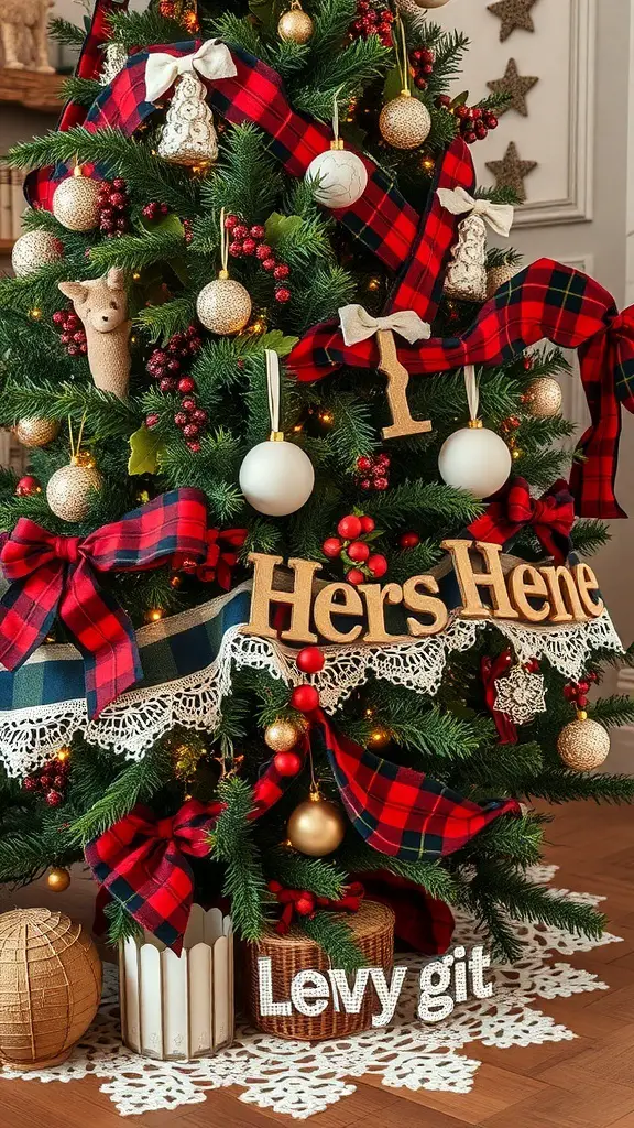 25+ Festive Tartan Plaid Christmas Tree Ornaments and Decorations 9 A Christmas tree decorated with tartan plaid ribbons, gold ornaments, and natural elements like berries and pinecones.