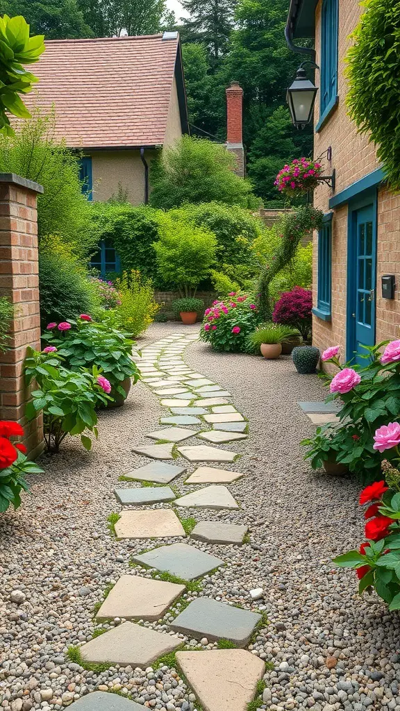 A charming garden pathway made of gravel and stone, surrounded by colorful flowers and greenery.