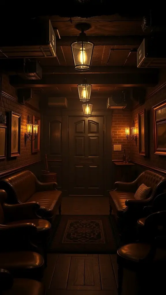 23+ Hidden Gem Speakeasies to Discover in the Basement 3 A cozy speakeasy basement with warm lighting, leather seating, and vintage decor.