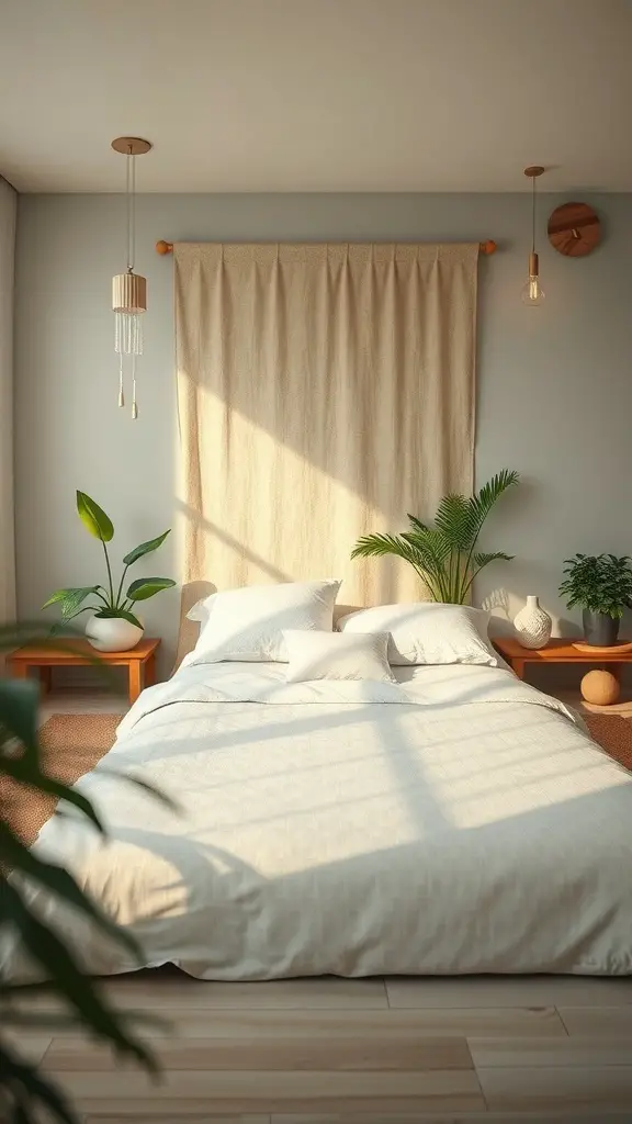 25+ Inspired Floor Bed Ideas for a Cozy Bedroom Makeover 15 A serene bedroom featuring a low floor bed with neutral bedding, surrounded by plants and soft lighting.