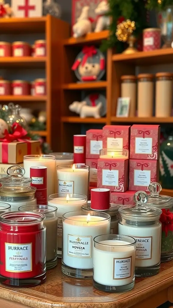 25+ Unique Christmas Boutique Ideas for Your Holiday Shopping 7 A display of various festive scented candles in different sizes and colors, perfect for Christmas.
