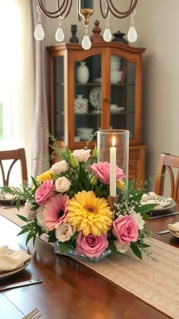 29+ Creative Dollar Tree DIY Crafts You Need to Try 3 A beautiful table centerpiece featuring colorful flowers and a candle, set on a dining table.