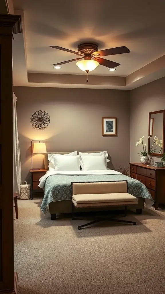A stylish guest suite in a finished basement featuring a cozy bed, seating area, and tasteful decor.