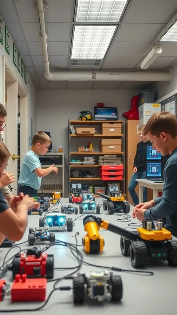 Children working on robotics projects in a tech lab