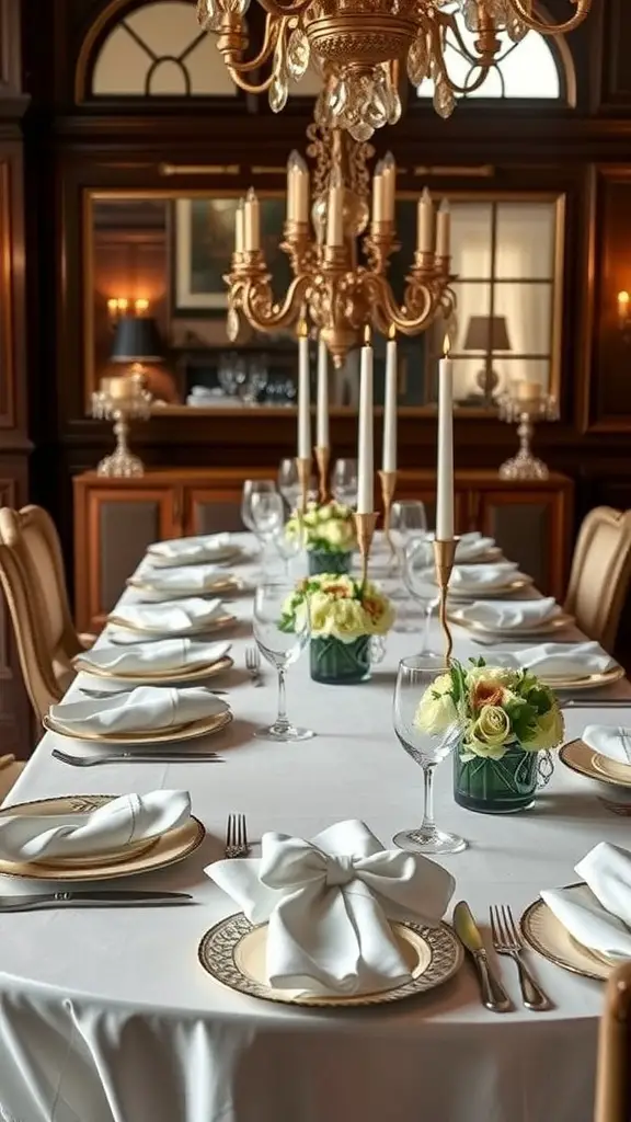 Elegant dining table setting with white linens, gold-accented china, and floral centerpieces.