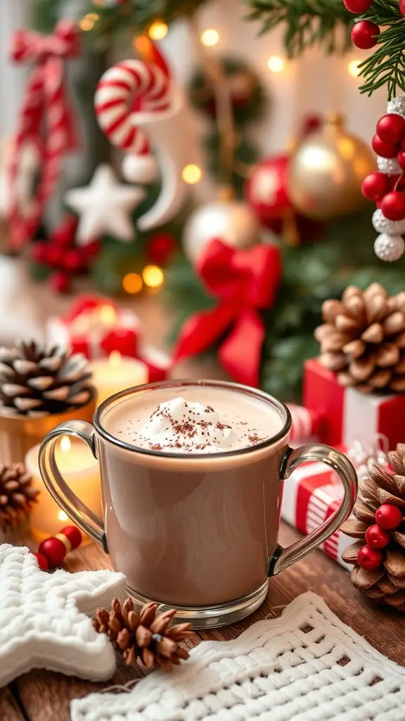 23+ Budget-Friendly Dollar Tree Hot Cocoa Bar Ideas 13 A warm cup of hot cocoa with whipped cream, surrounded by festive decorations like pinecones, candy canes, and ornaments.