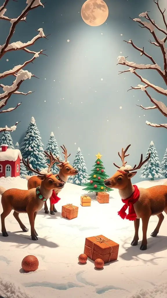 A festive window display featuring reindeer playing in the snow with a Christmas tree and presents.