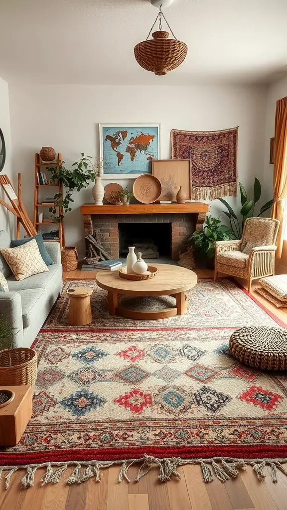 A cozy living room featuring layered rugs with vibrant patterns and natural wood furniture.