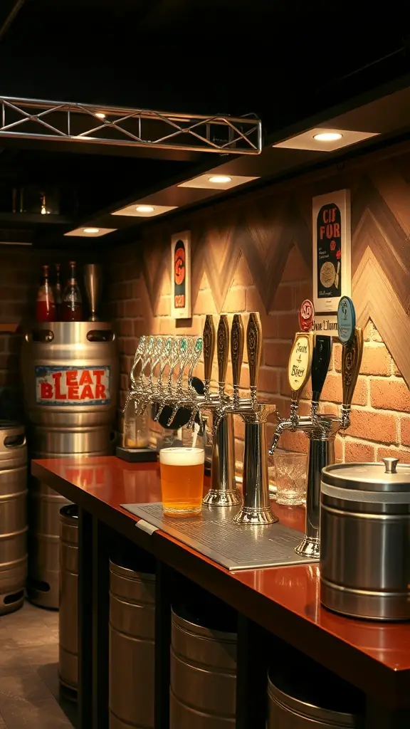 A stylish craft beer station with taps and a glass of beer.