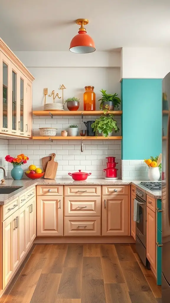 25+ Stunning Painted Kitchen Cabinet Ideas to Transform Your Space 12 A bright kitchen featuring peach cabinets, teal accents, and colorful decor.