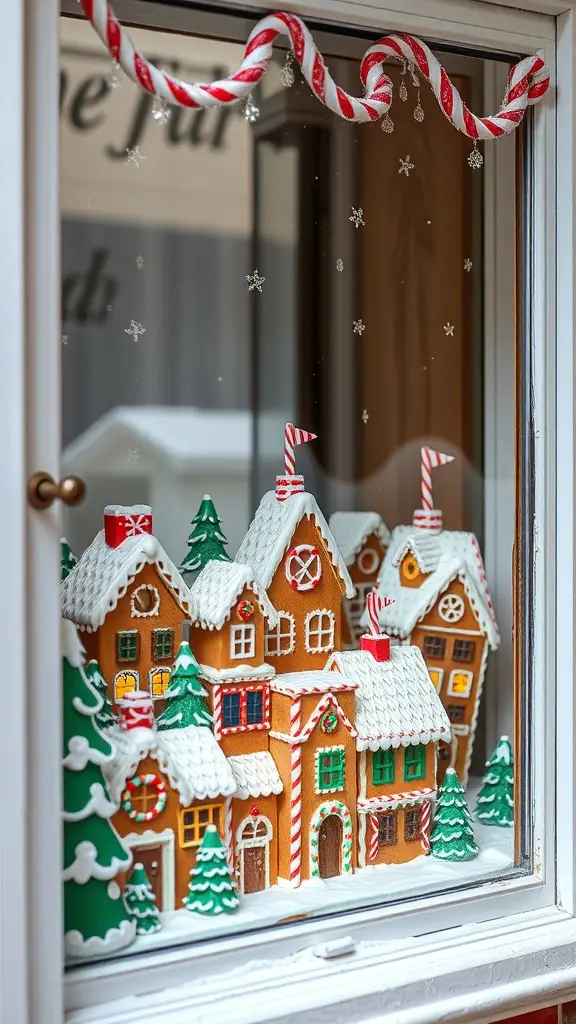 A festive gingerbread village displayed in a window, featuring colorful houses and candy decorations.