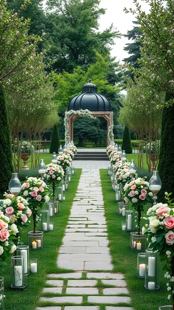 27+ Enchanting for a Garden Wedding Ideas Celebration 3 A charming garden pathway lined with flowers and candles, leading to a gazebo.