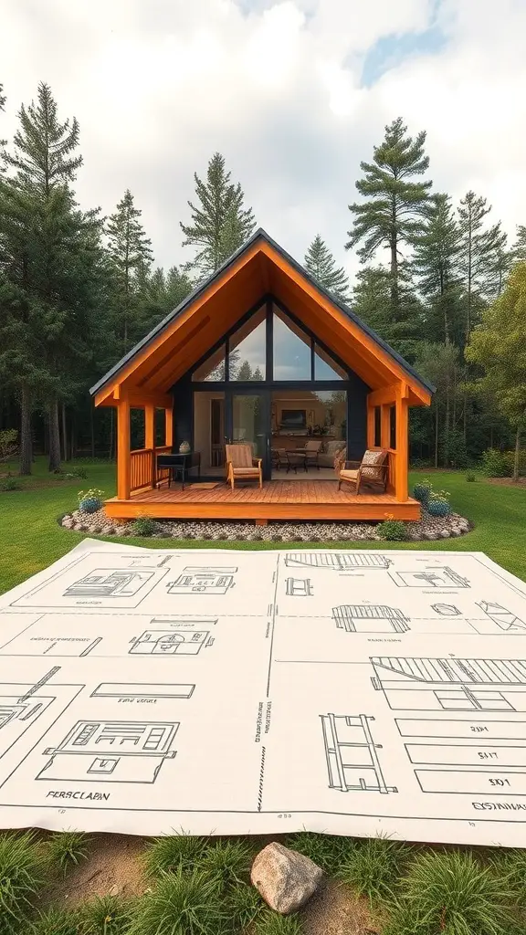 27+ Stunning Off-Grid Cabin Ideas for Your Dream Retreat 3 A modern off-grid cabin with a detailed floor plan laid out in front.