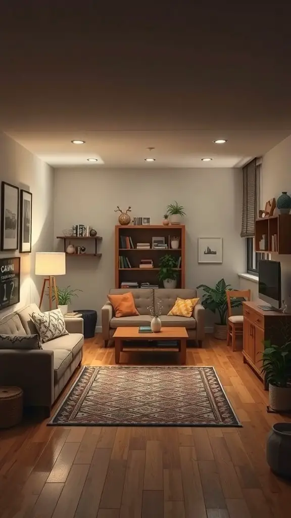 Cozy living area in a basement apartment with distinct zones