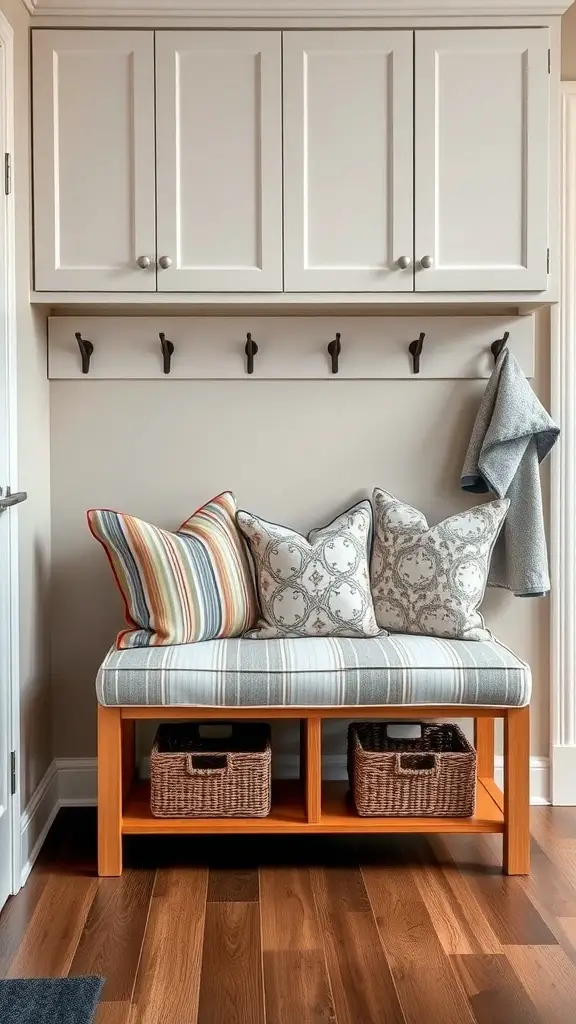 Cozy mudroom bench with striped cushion, decorative pillows, and storage baskets underneath.