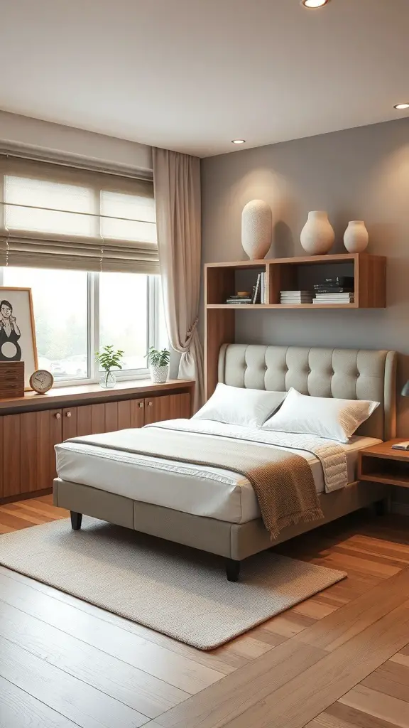 29+ Stunning Upholstered Beds for a Cozy Bedroom Makeover 4 A cozy bedroom featuring an upholstered bed with a tufted headboard, wooden furniture, and natural light.