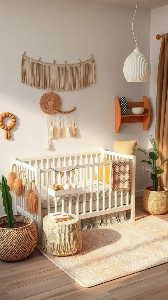 29+ Boho Nursery Decor Ideas for a Cozy and Stylish Space 14 A beautifully designed boho nursery featuring a white crib, decorative wall hangings, plants, and cozy storage solutions.
