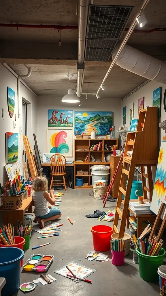 A creative arts and crafts zone with colorful art supplies and a child focused on their artwork.