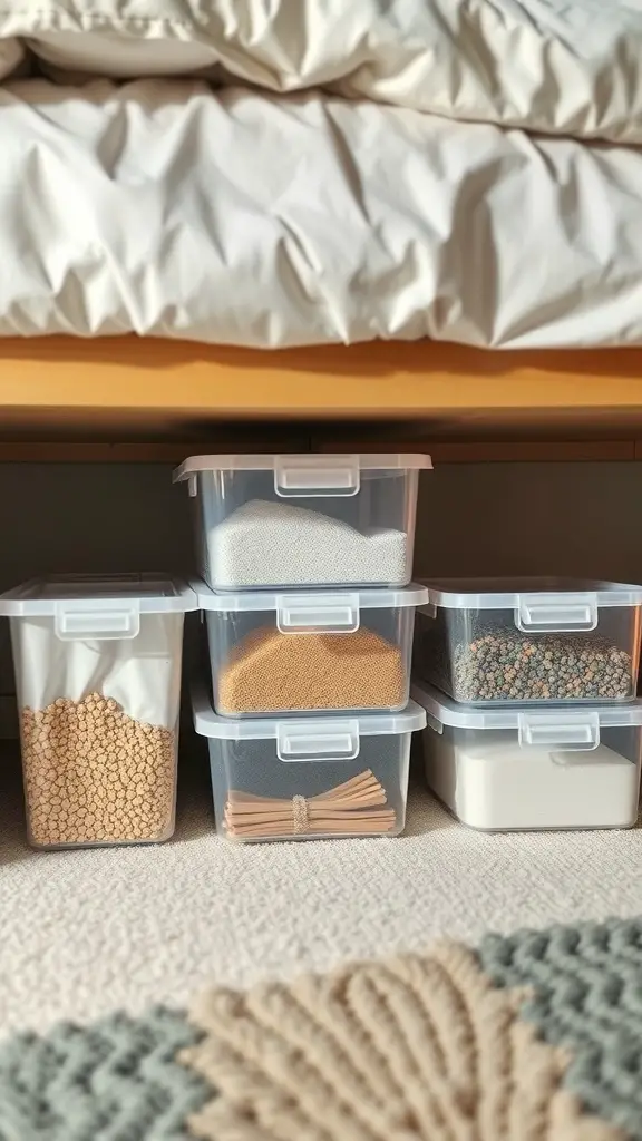 25+ Creative Under Bed Storage Solutions for Small Spaces 16 Clear containers stacked under a bed, showcasing organized storage.