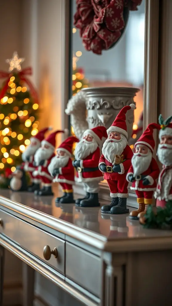 29+ Stunning Christmas Console Table Decor Ideas 8 A collection of whimsical Santa figurines displayed on a console table, surrounded by festive decorations.