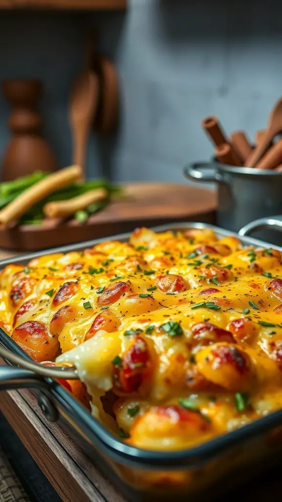 A close-up of creamy potato gratin in a baking dish, topped with melted cheese and herbs.