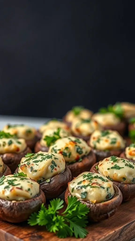 A platter of savory stuffed mushrooms topped with herbs.