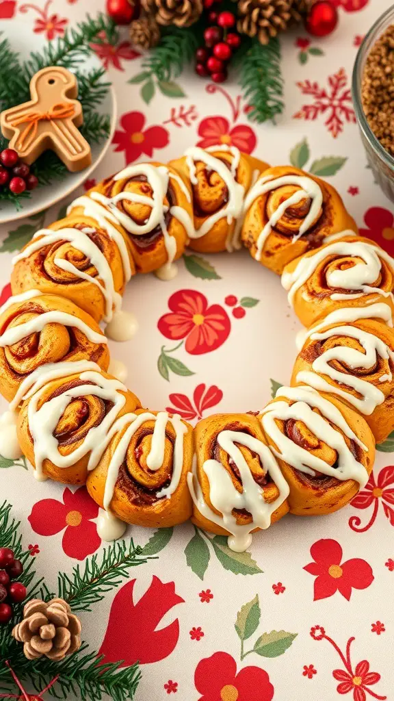 29+ Festive Christmas Brunch Buffet Ideas 9 A Cinnamon Roll Wreath decorated with icing, surrounded by holiday decorations.