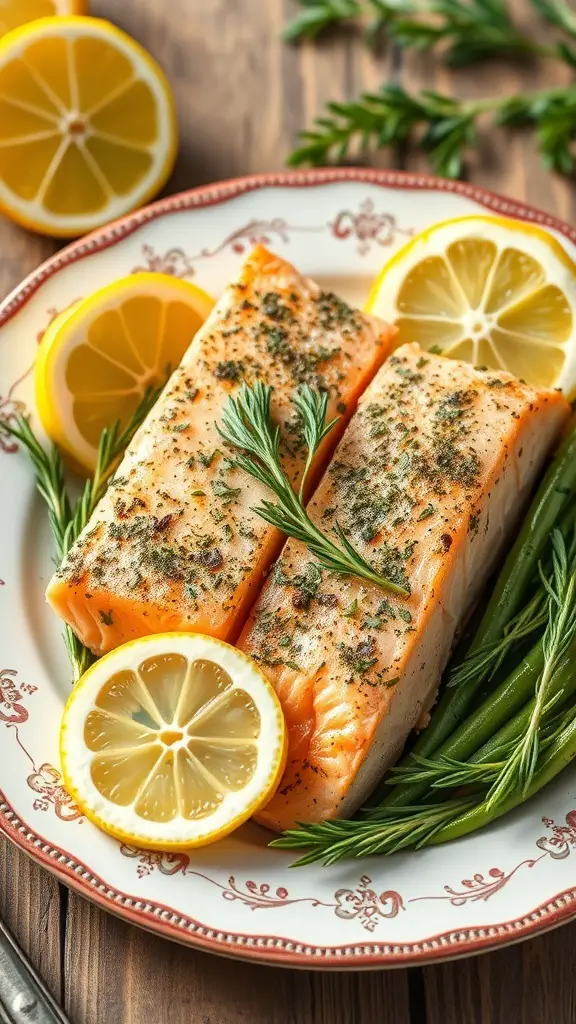 Herb-crusted salmon fillets with lemon slices on a decorative plate