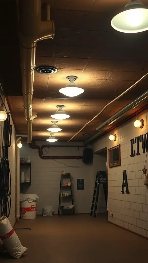 29+ Inspiring Basement House Ideas for Your Next Home Project 6 A well-lit basement corridor with various light fixtures