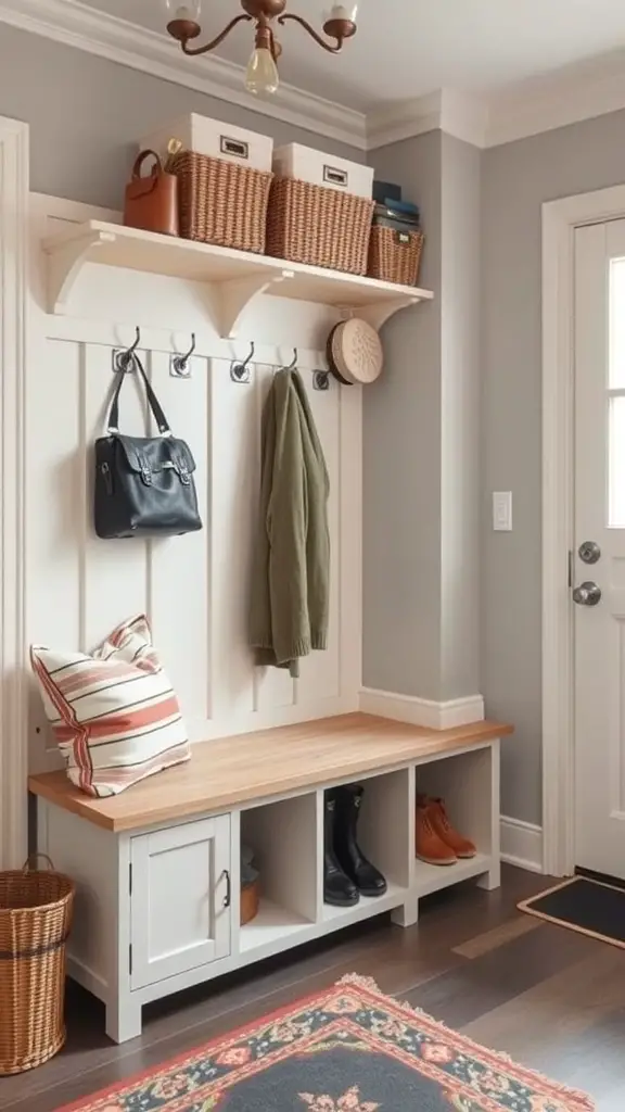29+ Creative DIY Garage Mudroom Ideas You’ll Love 12 A stylish garage mudroom with a bench, storage baskets, and hooks for organization.
