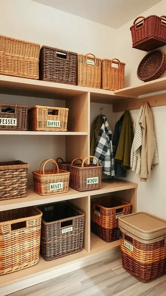 29+ Creative Mudroom Storage Ideas for a Clutter-Free Entrance 8 A well-organized mudroom with labeled baskets and bins on shelves
