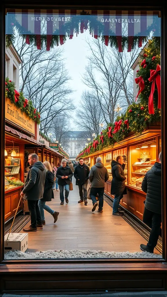 27+ Stunning Holiday Window Displays to Inspire Your Seasonal Decor 11 A festive holiday market scene with decorated stalls and people enjoying the atmosphere.