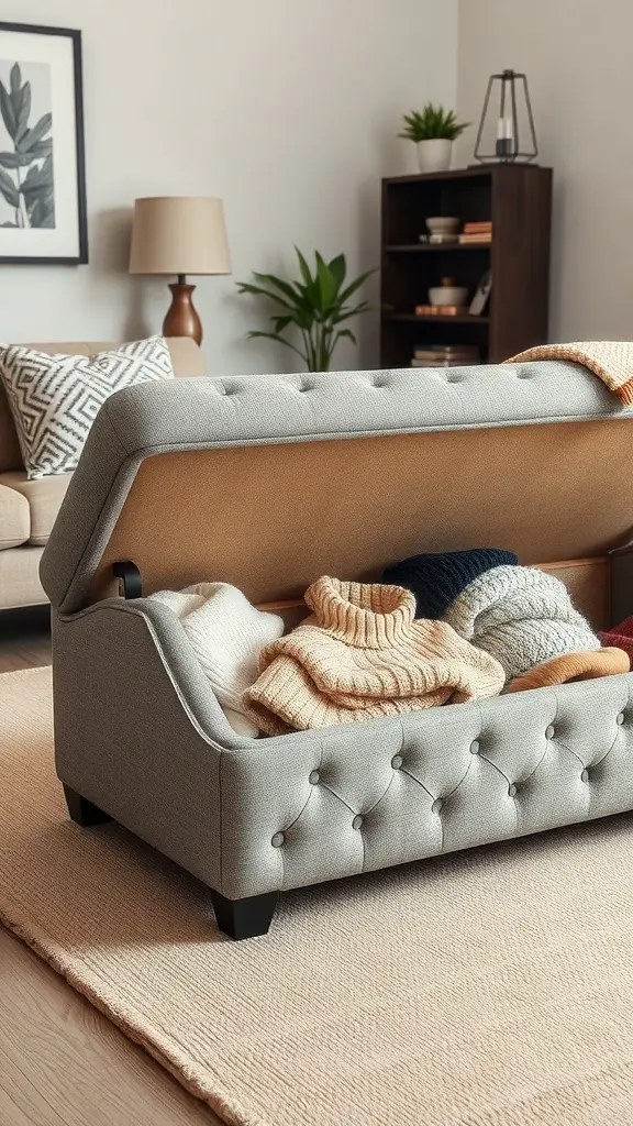 29+ Creative Sweater Storage Ideas to Maximize Your Closet Space 10 A stylish gray ottoman with sweaters neatly stored inside, showcasing a cozy living room setting.