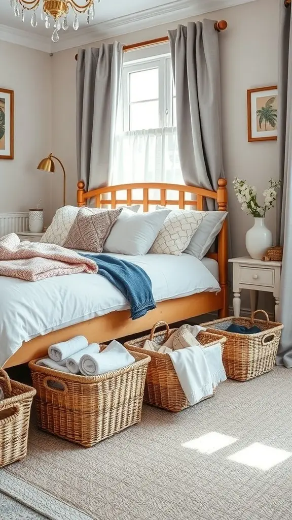 25+ Creative Under Bed Storage Solutions for Small Spaces 8 A cozy bedroom featuring a wooden bed with decorative pillows and several woven baskets under the bed for storage.