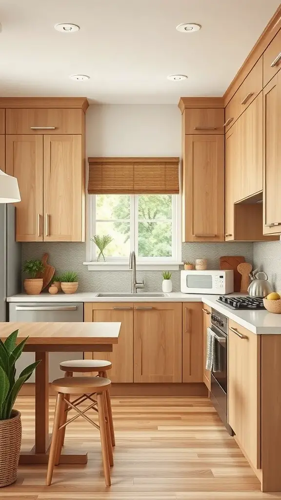 A kitchen featuring beige cabinets and natural wood elements, including a wooden table and stools, with plants for a fresh look.