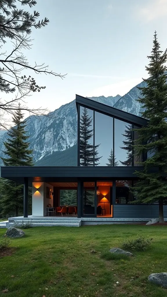 Modern minimalist cabin with large glass windows and angular roof, surrounded by trees and mountains.