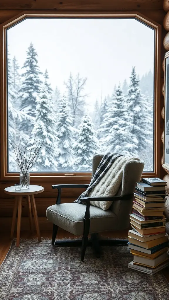 Cozy winter cabin relaxation space with an armchair, blanket, books, and a snowy view outside
