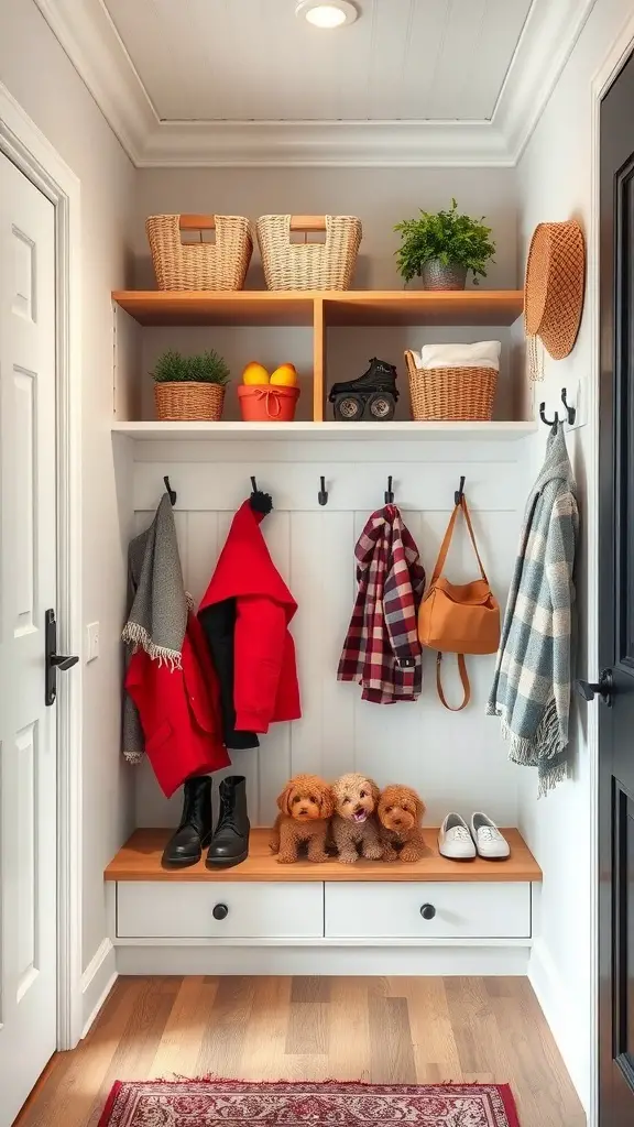29+ Creative Pet-Friendly Mudroom Ideas You'll Love 15 A stylish mudroom with pet gear storage, featuring baskets, hooks, and a bench with three small dogs.