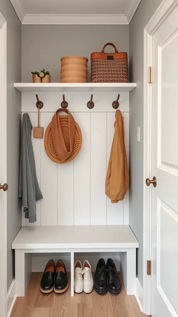 25+ Stunning Mini Mudroom Entryway Ideas for Small Spaces 8 A compact mudroom entryway with a bench, hooks, and storage baskets.
