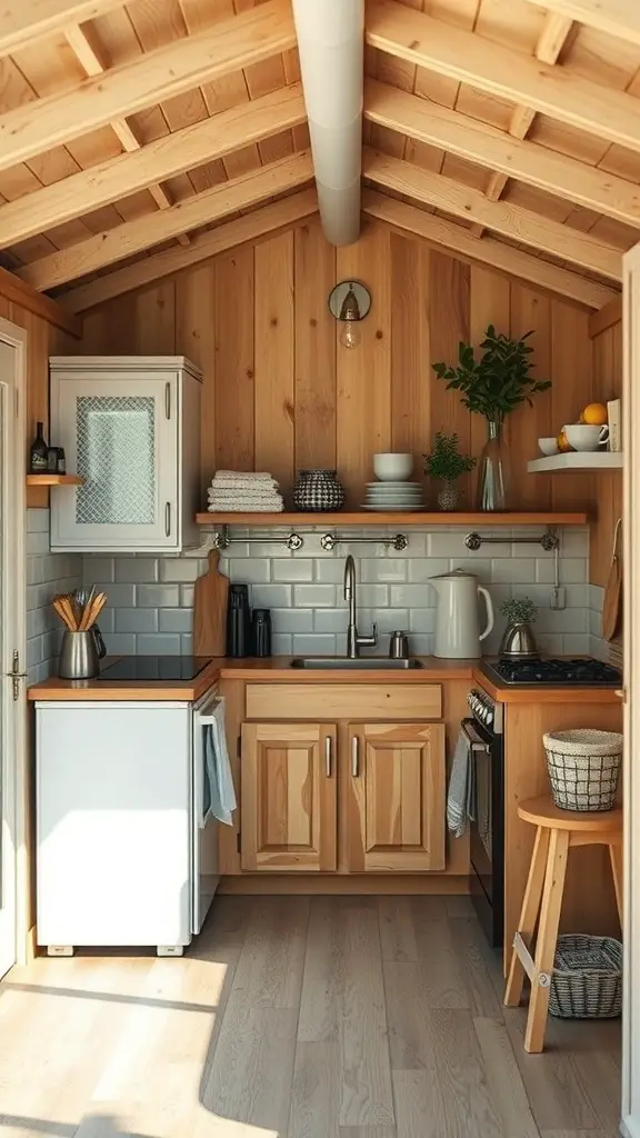 Compact kitchen design in a shed with wooden cabinets, a small dining stool, and natural light.