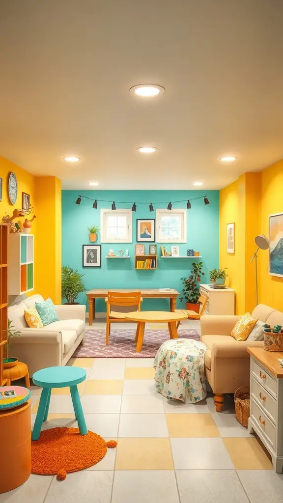 A bright and colorful basement with yellow and turquoise walls, playful furniture, and cheerful decor.