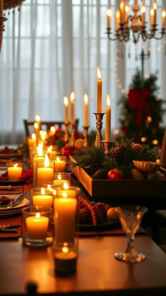 27+ Stunning Christmas Buffet Table Decor Ideas 3 A beautifully decorated Christmas buffet table with warm candlelight and festive decorations.