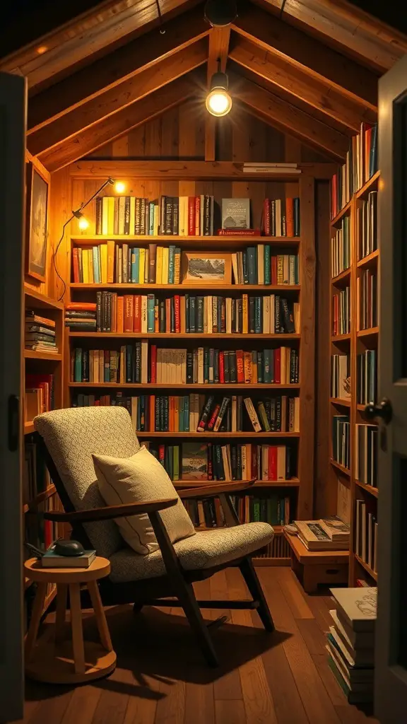 A cozy reading nook in a shed with wooden walls, a bookshelf filled with colorful books, a comfortable chair, and soft lighting.